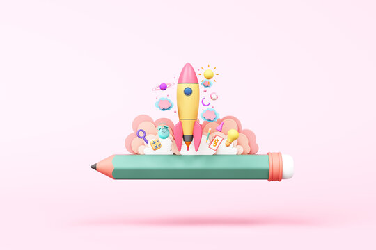imagination creative spaceship take off on pencil cloud kid galaxy space startup online learn education idea science technology and test tube light bulb object world geography toys. 3D illustration.