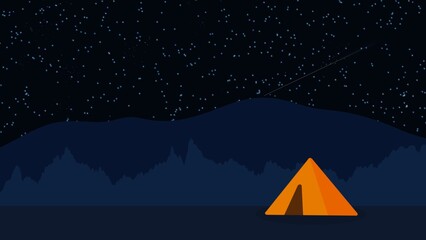 Camping tent at night mountain background.