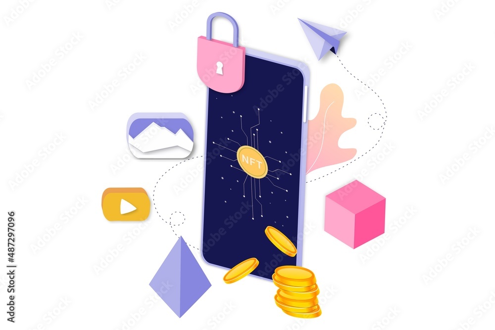 Poster nft non fungible token infographic with lines and dots network. pay for unique collectible in video,