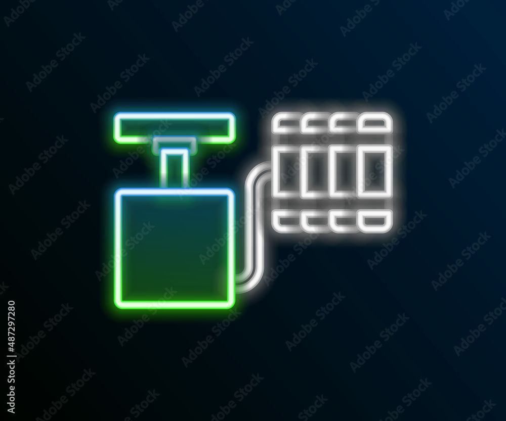 Poster glowing neon line handle detonator for dynamite icon isolated on black background. colorful outline 