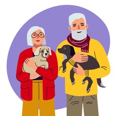 Adult man and woman with dogs, illustration in flat style