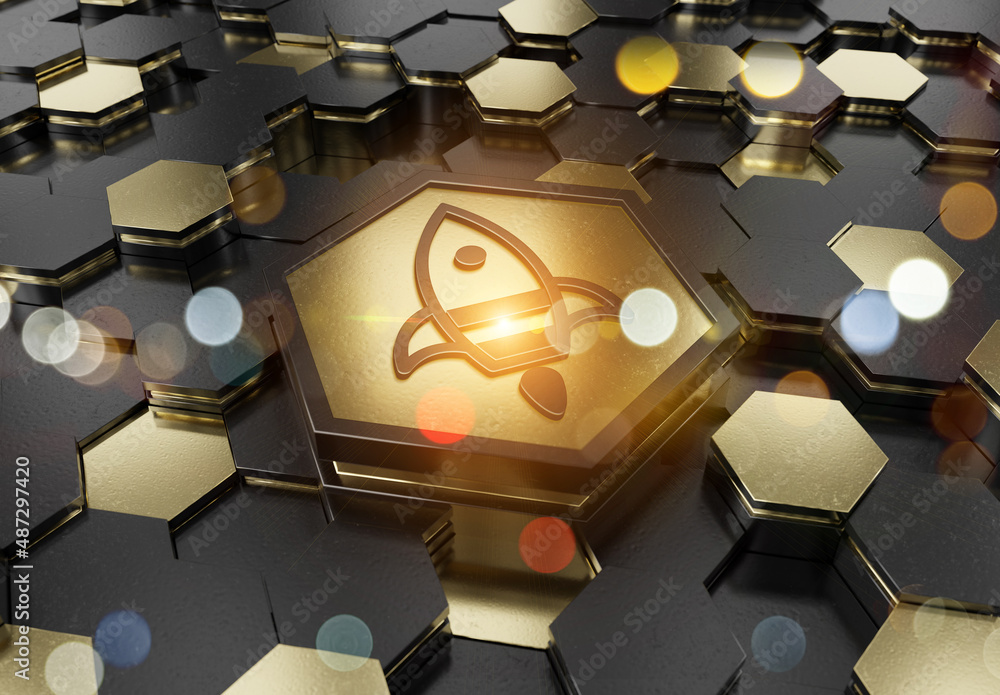 Aufkleber Spaceship icon innovation concept engraved on gold metal hexagonal pedestral background. Rocket startup logo glowing on abstract digital surface. 3d rendering