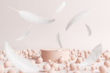 platform pink round circle advertisement sweet girl small point sale sell design pearl skin skincare glow white 3d ball feather light commercial. podium for placing fashion cosmetic. 3D Illustration.