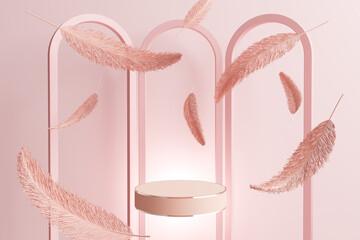 Platform and podium girl pink light baby luxury feather angel feminine concept stand product display commercial arch scene style backdrop. pedestal placing fashion cosmetics skincare. 3D illustration.