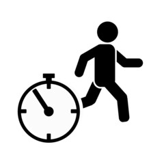 Late for work or meeting thin line icon. Clock and silhouette of running man outline style pictogram on white background. Time to Work for mobile concept and web design. Vector graphics