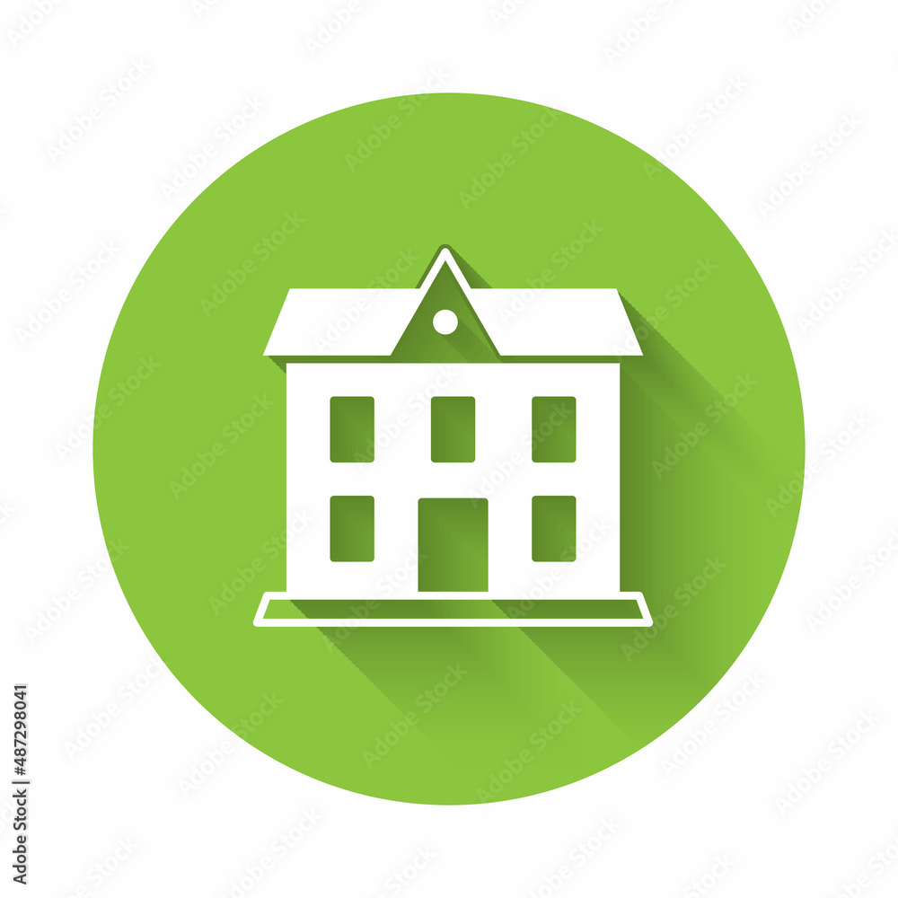 Poster white school building icon isolated with long shadow. green circle button. vector