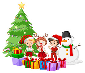 Christmas season with children in Christmas costumes and snowman