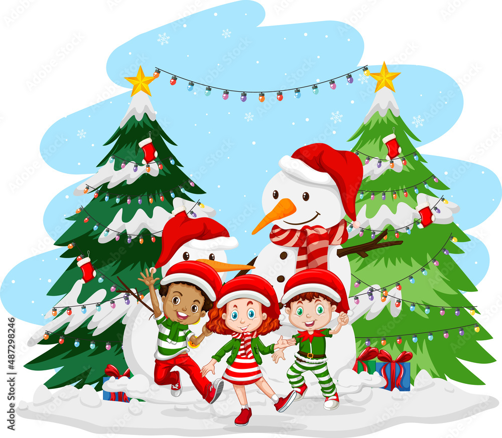 Sticker children celebrating christmas with snowman