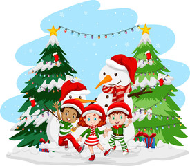 Children celebrating Christmas with snowman