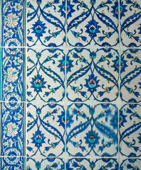 Ancient oriental tiles with floral blue ornament, Bakhchisarai, central Crimea