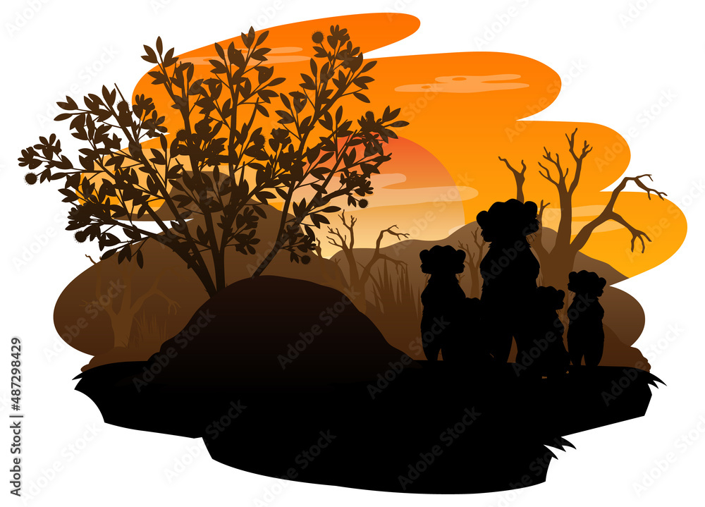 Wall mural Silhouette savanna forest with meerkat