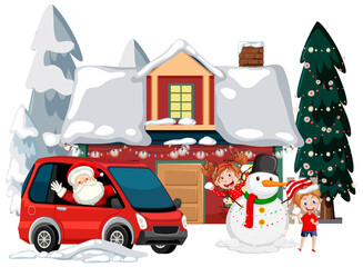 Santa Claus driving car with snow covered house