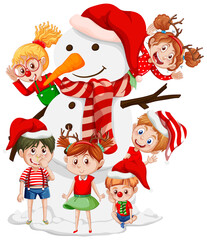 Obraz na płótnie Canvas Christmas snowman with happy children cartoon character