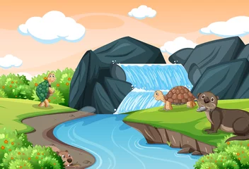 Waterfall in the forest with tortoises and an otter © blueringmedia
