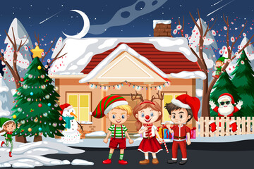 Christmas winter scene with happy children