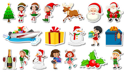 Set of Christmas objects and cartoon characters