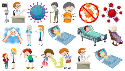 Set of sick people with different symptoms