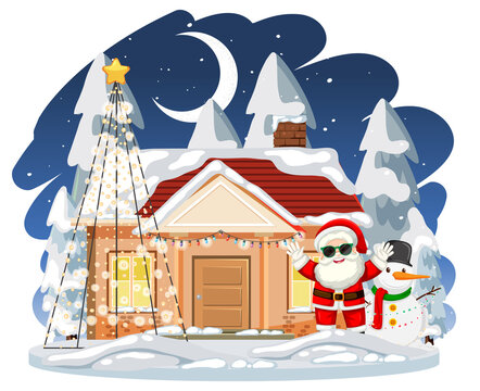 Snow covered house with Santa Claus and snowman