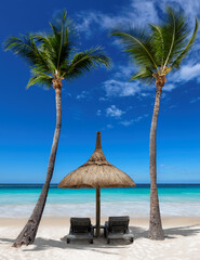 Chairs and umbrella in sunny tropical Palm Beach and turquoise sea. Summer vacation and tropical beach concept.	
