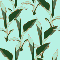 Seamless leaf pattern of green exotic plants with golden border on light green background. Texture. Wallpaper. Wrap, fabric pattern.