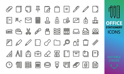 Stationery Items and Office Supplies isolated icons set. Set of paper clip, adhesive tape, stapler and staples, plastic folder, documents, scissors, stationery glue, stamp ink, sticky note vector icon - obrazy, fototapety, plakaty