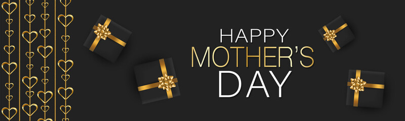 Mothers Day banner, website or newsletter header. Golden hearts garland and gift boxes on black background. Vector illustration.