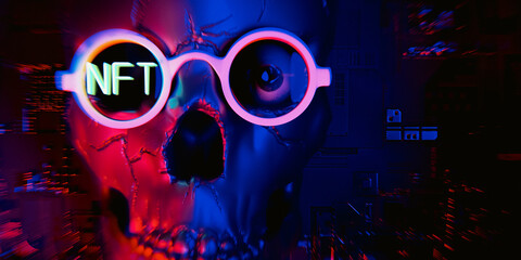 NFT Non-fungible token, crypto art concept with neon text. Sample type of cryptographic token which represents unique skull face in glasses