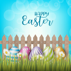 Happy Easter background with realistic 3d colorful eggs, wooden fence, and daisy flowers. Vector illustration.