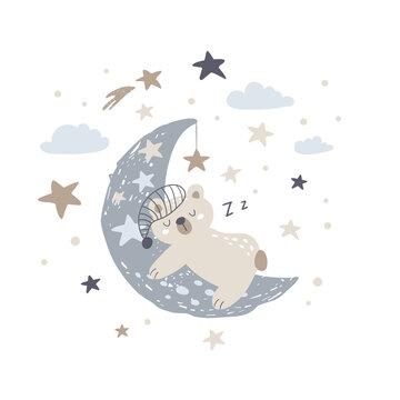 Cute bear sleeping on the moon. Vector Illustration