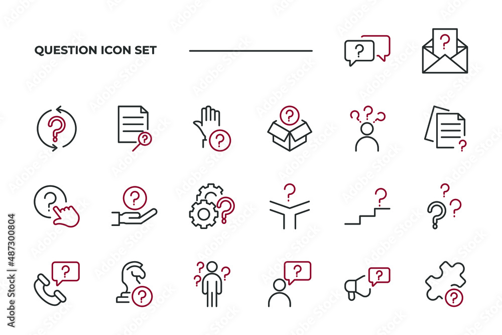 Poster simple set of question vector icons with editable line styles covering confused, mystery, puzzle and