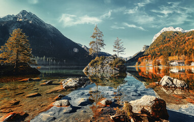 Wonderful Sunny scenery. Splendid mountain landscape. Scenic image of fairy-tale Hintersee lake of...