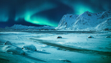 Wonderful snowy winter in Norway. Beautiful night with aurora borealis, in amazing winter landscape...