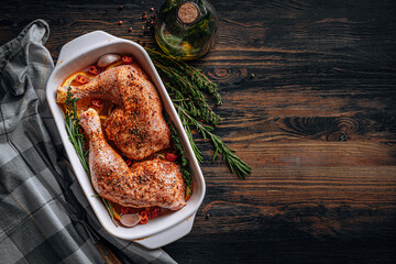 raw turkey chicken thighs rubbed with spices and salt, on a baking sheet, with oranges lemons garlic rosemary thyme and olive oil. the concept of a healthy and tasty dinner for two.