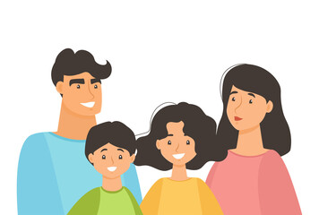Happy family concept. Father, mother, daughter, son together. Family portrait. Cartoon vector style