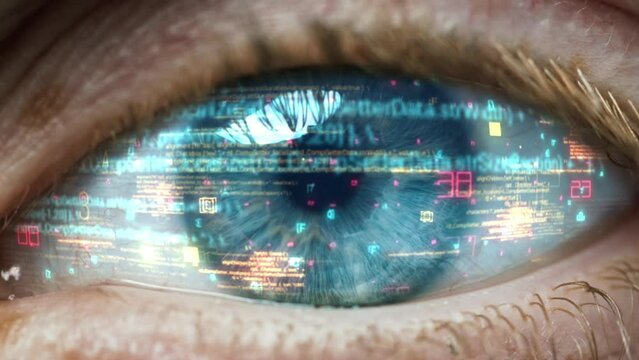 High-tech Futuristic Data Stream in Cyberspace Eye Close-up. Modern Science Vision on Innovation. Beautiful Look Holographic Macro AR Simulator in Sight Projection. Online Ai Smart Connect Learning