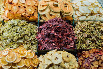 Variety of dried fruits at Egyptian Bazaar. Close up of various of dried fruits include papaya, guava, kiwi, pineapple, strawberry, apple, mango at the Istanbul Spice Bazaar
