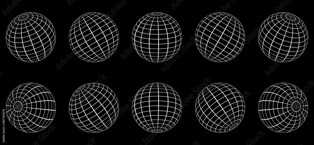 Wall mural 3d white globe grid sphere set on black background. geometric round grid mesh ball. wireframe globe 