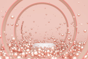 platform pink stand display stick short round circle product powder float low standing podium advertisement sweet girl small point design pearl treasure skin skincare glow white. 3D Illustration.