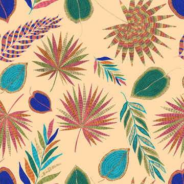 Modern abstract seamless pattern with creative colorful tropical leaves. Retro bright summer background. Jungle foliage illustration. Swimwear botanical design. Vintage exotic print.	