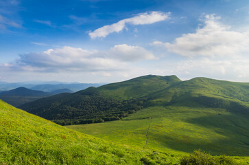 Fototapeta na wymiar Green Bieszczady, View from Bukowe Berdo sunny day, Spring in the mountains