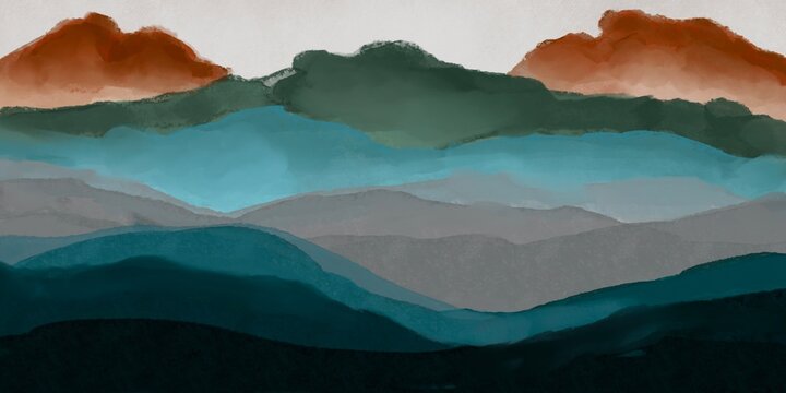 Landscapes, mountains. Abstract watercolor paint background grunge texture. Interior Wallpaper. Mural for the walls, fresco for the room, interior grunge style	
