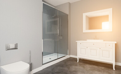 Fototapeta na wymiar Modern bathroom including bath and sink. 3D rendering., Sunset.