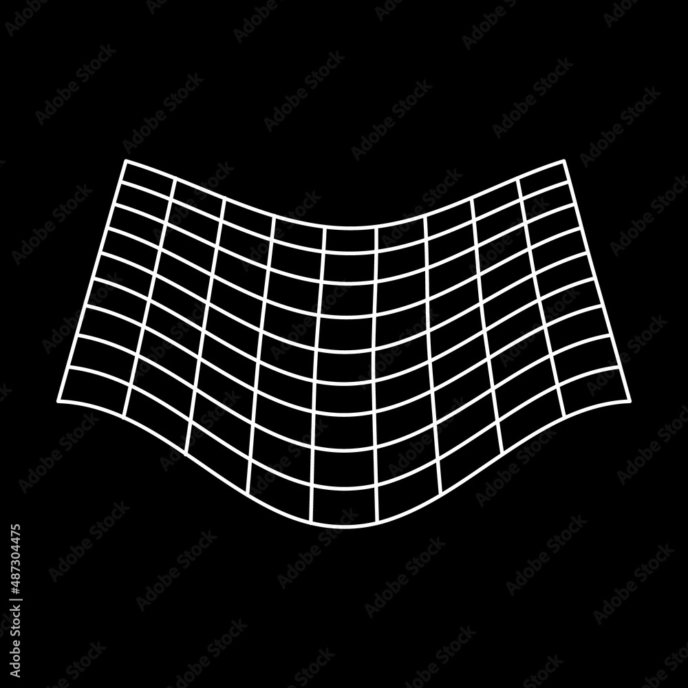 Poster plane white wave grid on black background. mesh with convex distortion. 3d warp geometric shape with
