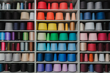 Shelf, rack with yarn coils, threads of different colors. Knitting accessories. Concept for...