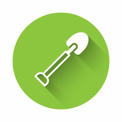White Shovel icon isolated with long shadow background. Gardening tool. Tool for horticulture, agriculture, farming. Green circle button. Vector