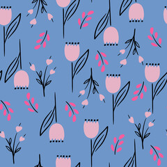 Vector floral seamless pattern in doodle style with flowers and leaves.