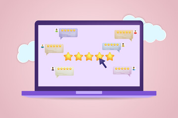 User reviews. A laptop with customer reviews, a concept of experience or feedback, a star rating, notifications. Rating bubble.