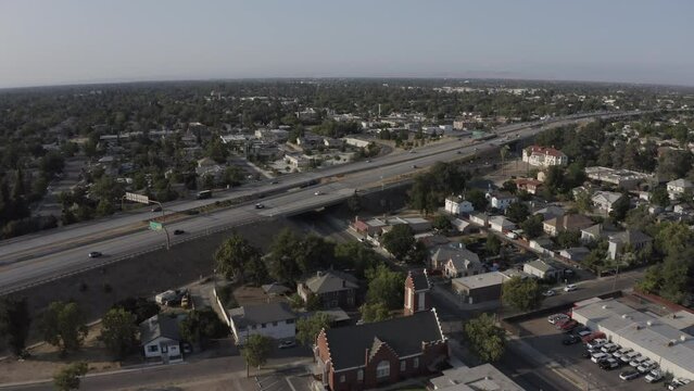 Sunset aerial view of the urban core of Fresno, California, USA.