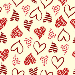 Seamless romantic pattern with hand drawn red hearts. Colorful doodle hearts. Ready template for design, postcards, print, poster, party, Valentine's day, vintage textile.