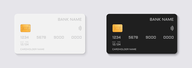 Black and White Mock Up of Debit Bank Card. Template of Plastic Credit Bank Card. E-commerce Concept. Plastic Credit or Debit Card with Golden Chip Mockup. Isolated Vector Illustration